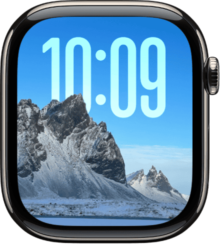The Photos watch face showing a photo from your synced photo album. The date and time at the top.